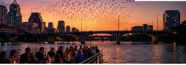 Austin skyline at sunset with Congress Avenue Bridge, bats in flight, and a boat on Lady Bird Lake